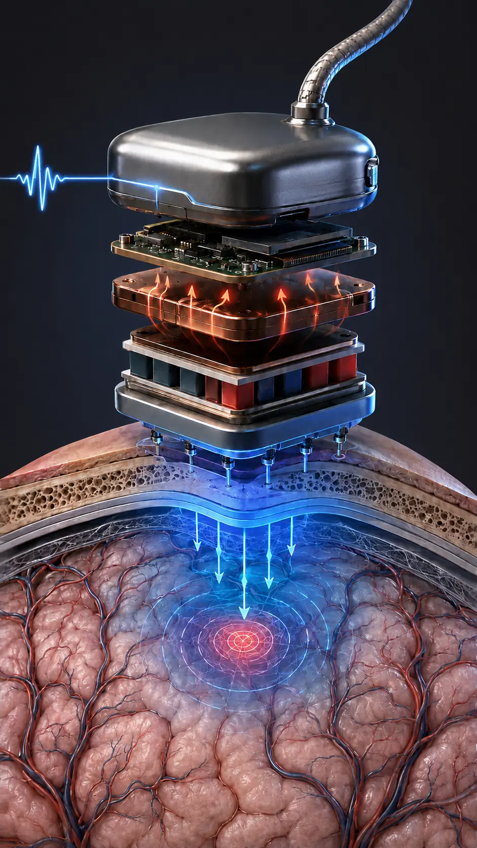 Concept visualization of the proposed SeizeFreeze implant, thermoelectric assembly, and localized cortical cooling